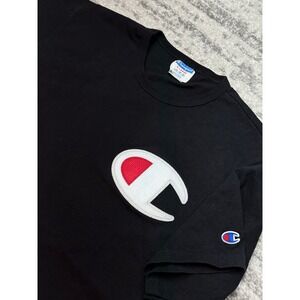 Champion T Shirt Mens XL Black Big C Logo Patch Short Sleeve Crew Neck